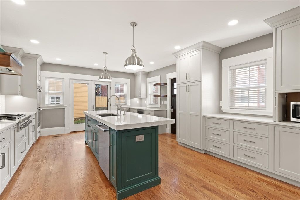 Interior, Kitchen, Pendant Lights, Recessed Lighting, Stainless Steel Appliances, Wood Texture Flooring