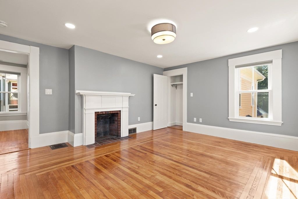 Empty room, Fireplace, Interior, Recessed Lighting, Wood Texture Flooring
