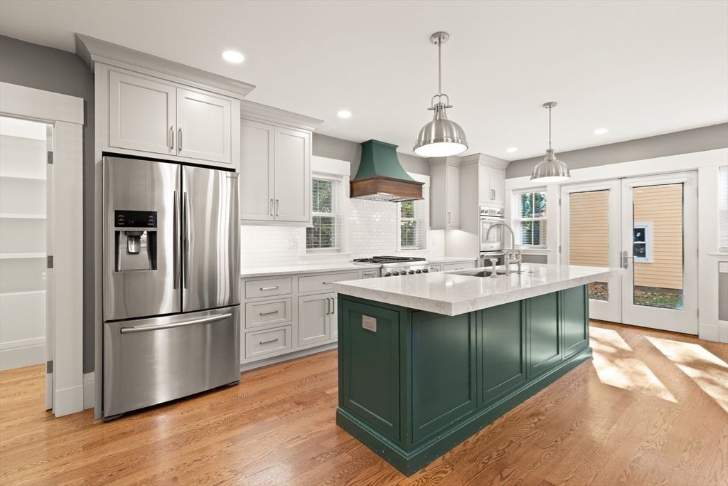 Interior, Kitchen, Pendant Lights, Recessed Lighting, Stainless Steel Appliances, Wood Texture Flooring