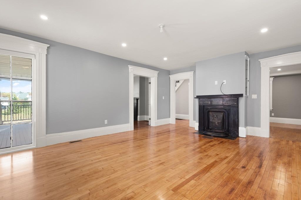 Empty room, Fireplace, Interior, Recessed Lighting, Wood Texture Flooring