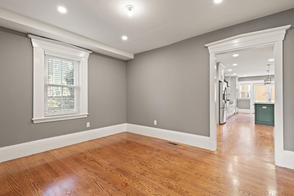 Empty room, Interior, Kitchen, Pendant Lights, Recessed Lighting, Wood Texture Flooring