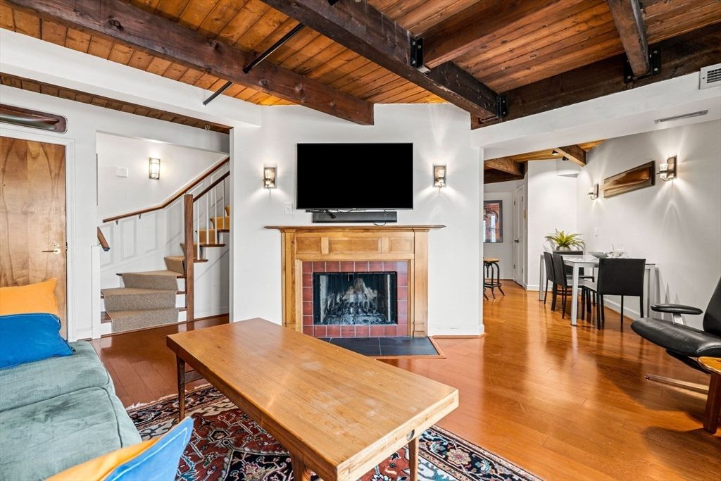 Dining room, Fireplace, Interior, Living room, Wooden Beams, Wooden Ceilings, Wood Texture Flooring