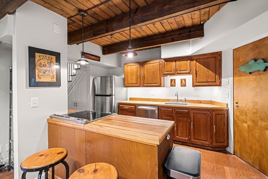 Interior, Kitchen, Pendant Lights, Stainless Steel Appliances, Wooden Beams, Wooden Ceilings, Wood Texture Flooring