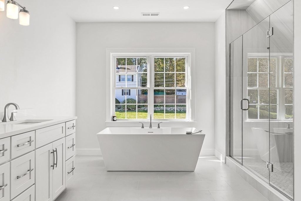 Bathroom, Free Standing Baths, Glass Shower, Interior, Recessed Lighting