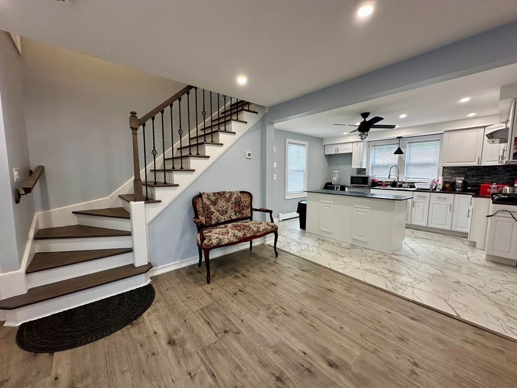 Interior, Kitchen, Marble, Recessed Lighting, Wood Texture Flooring