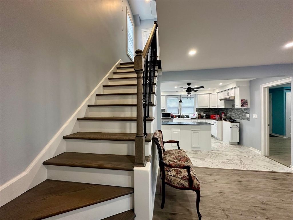 Interior, Kitchen, Marble, Recessed Lighting, Wood Texture Flooring