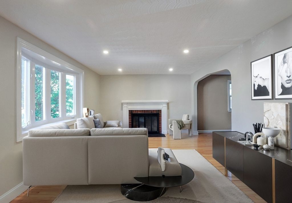 Fireplace, Interior, Living room, Recessed Lighting, Wood Texture Flooring