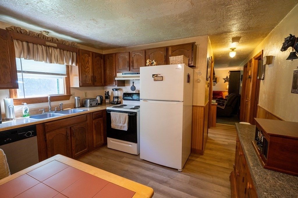 Interior, Kitchen, Tile Countertops, Wood Texture Flooring