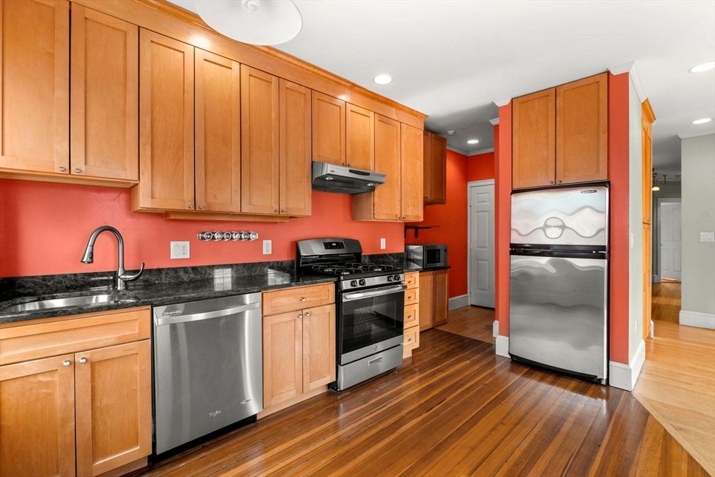 Interior, Kitchen, Recessed Lighting, Stainless Steel Appliances, Wood Texture Flooring