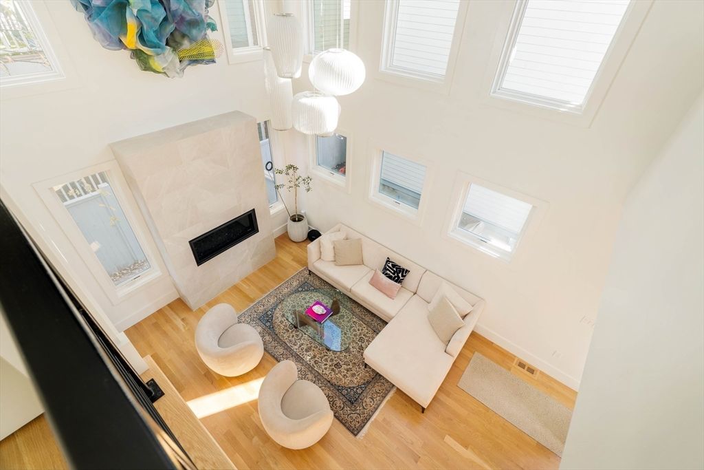 Fireplace, Interior, Living room, Pendant Lights, Wood Texture Flooring