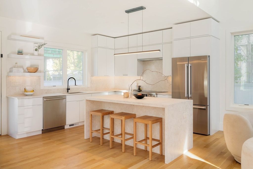 Interior, Kitchen, Pendant Lights, Stainless Steel Appliances, Wood Texture Flooring