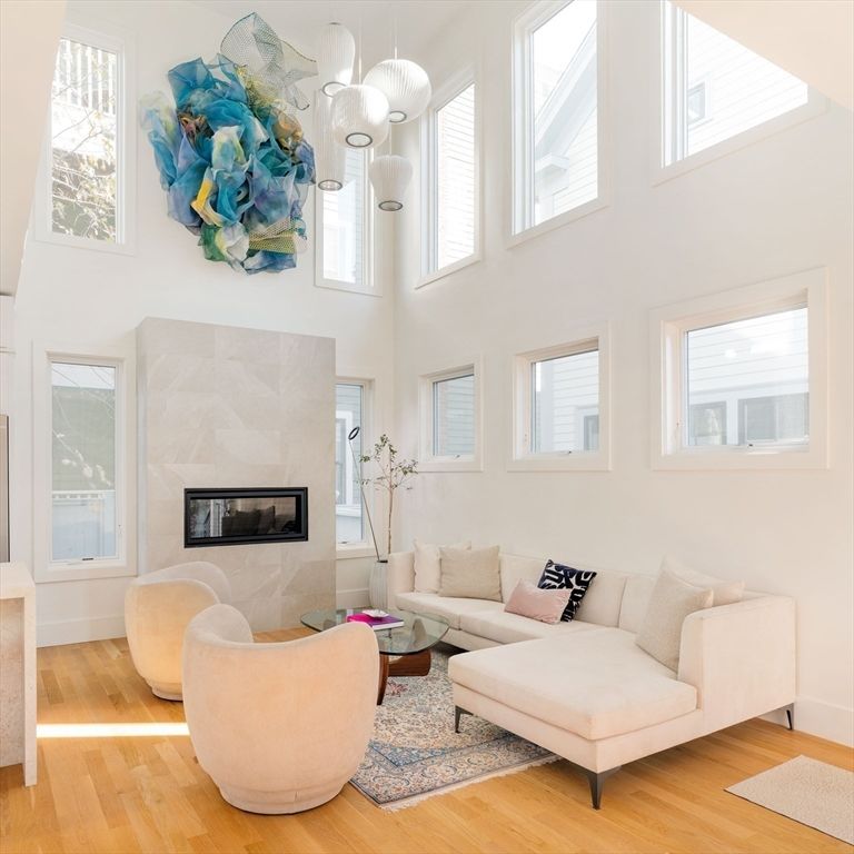 Fireplace, Interior, Living room, Pendant Lights, Wood Texture Flooring