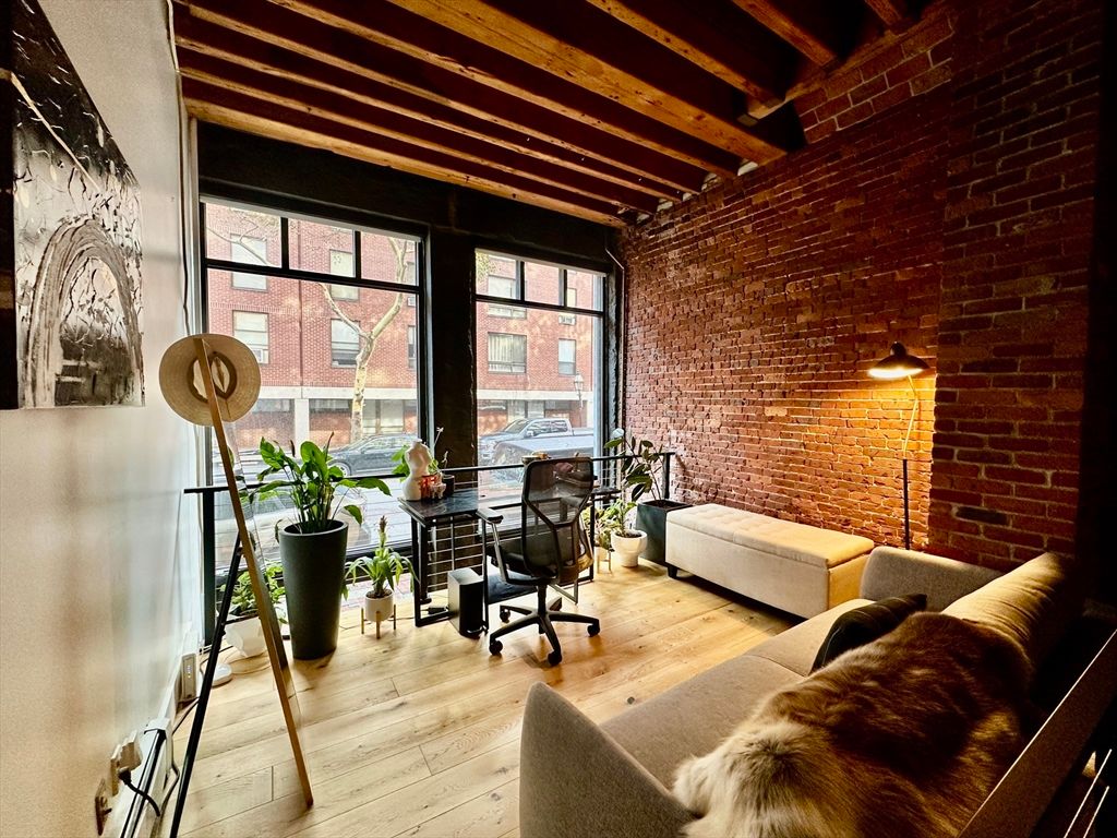 Home Office, Interior, Living room, Stone Walls, Wooden Beams, Wood Texture Flooring