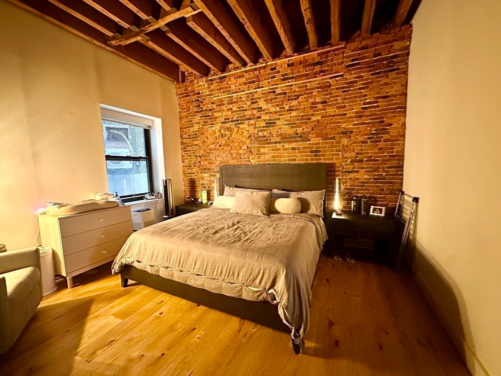 Bedroom, Interior, Stone Walls, Wooden Beams, Wood Texture Flooring