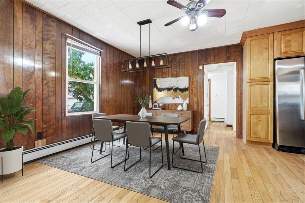 Dining room, Interior, Pendant Lights, Wood Texture Flooring, Wooden Walls