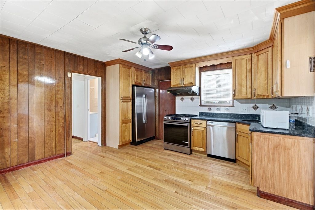 Interior, Kitchen, Stainless Steel Appliances, Wood Texture Flooring, Wooden Walls