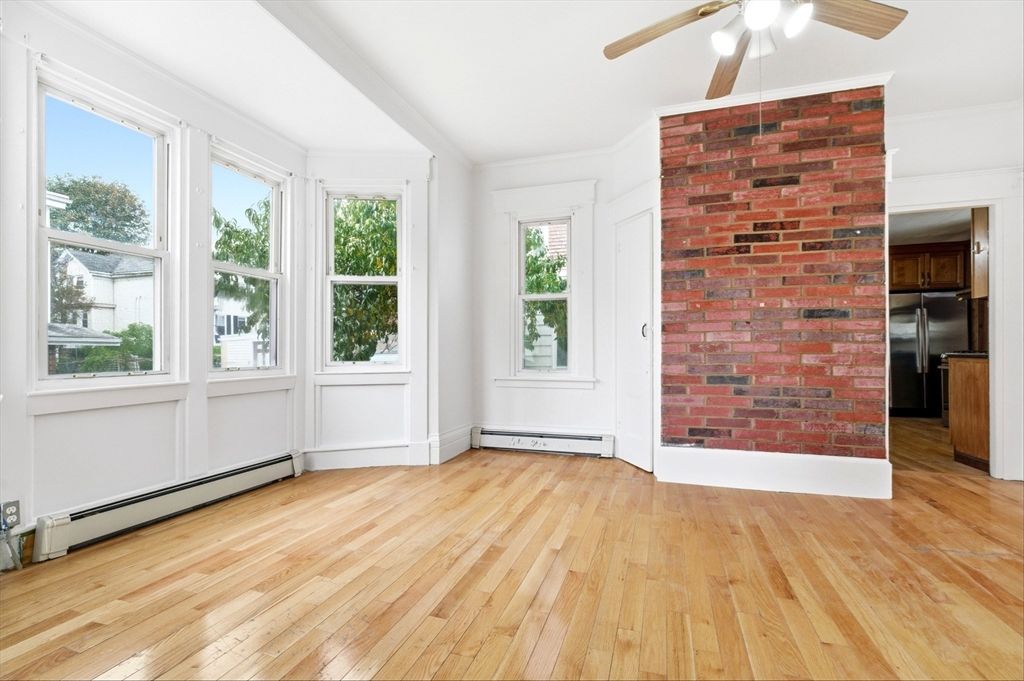 Empty room, Interior, Kitchen, Stainless Steel Appliances, Stone Walls, Wood Texture Flooring