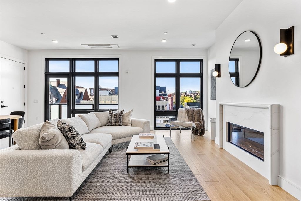 Fireplace, Interior, Living room, Recessed Lighting, Wood Texture Flooring