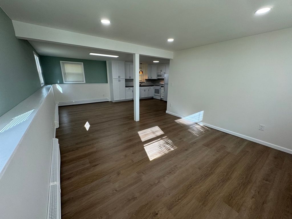 Empty room, Interior, Kitchen, Recessed Lighting, Wood Texture Flooring