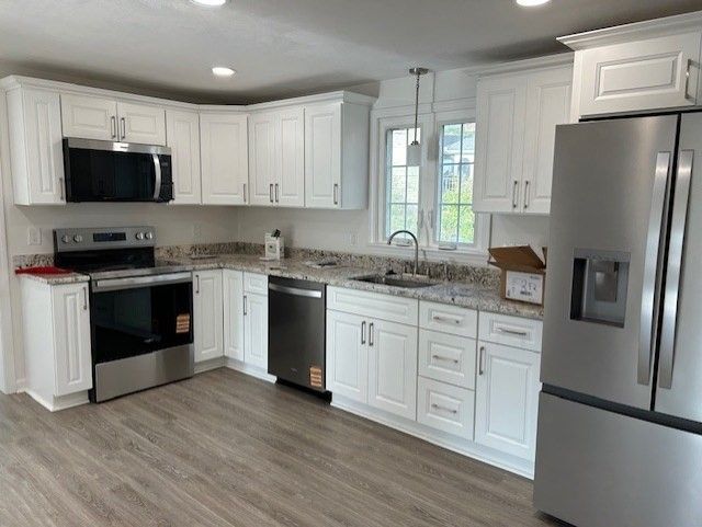 Interior, Kitchen, Pendant Lights, Recessed Lighting, Stainless Steel Appliances, Wood Texture Flooring