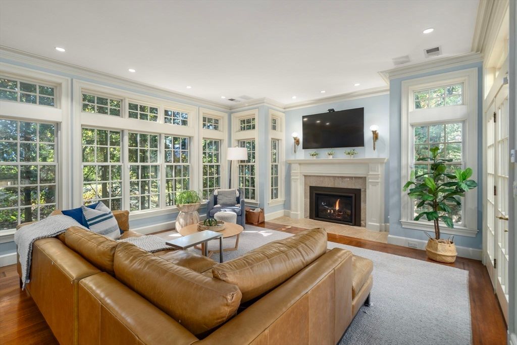 Fireplace, Interior, Living room, Recessed Lighting, Wood Texture Flooring