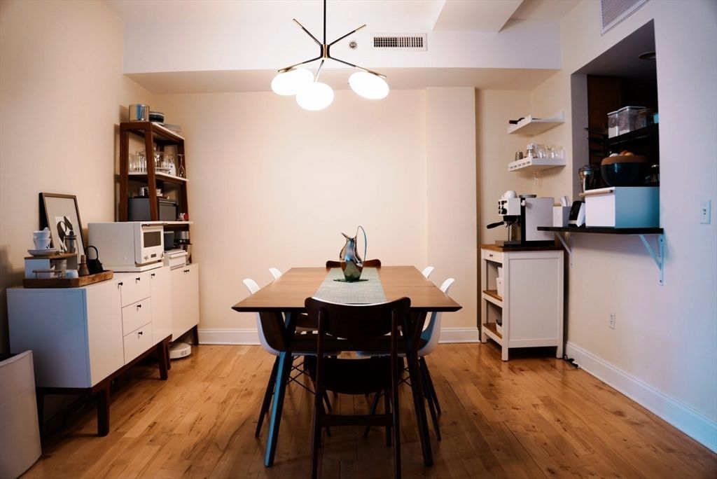 Dining room, Interior, Pendant Lights, Wood Texture Flooring