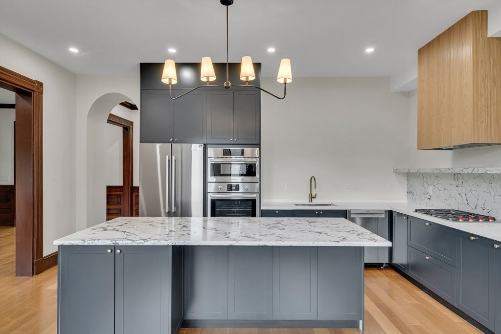 Interior, Kitchen, Pendant Lights, Recessed Lighting, Stainless Steel Appliances, Wood Texture Flooring