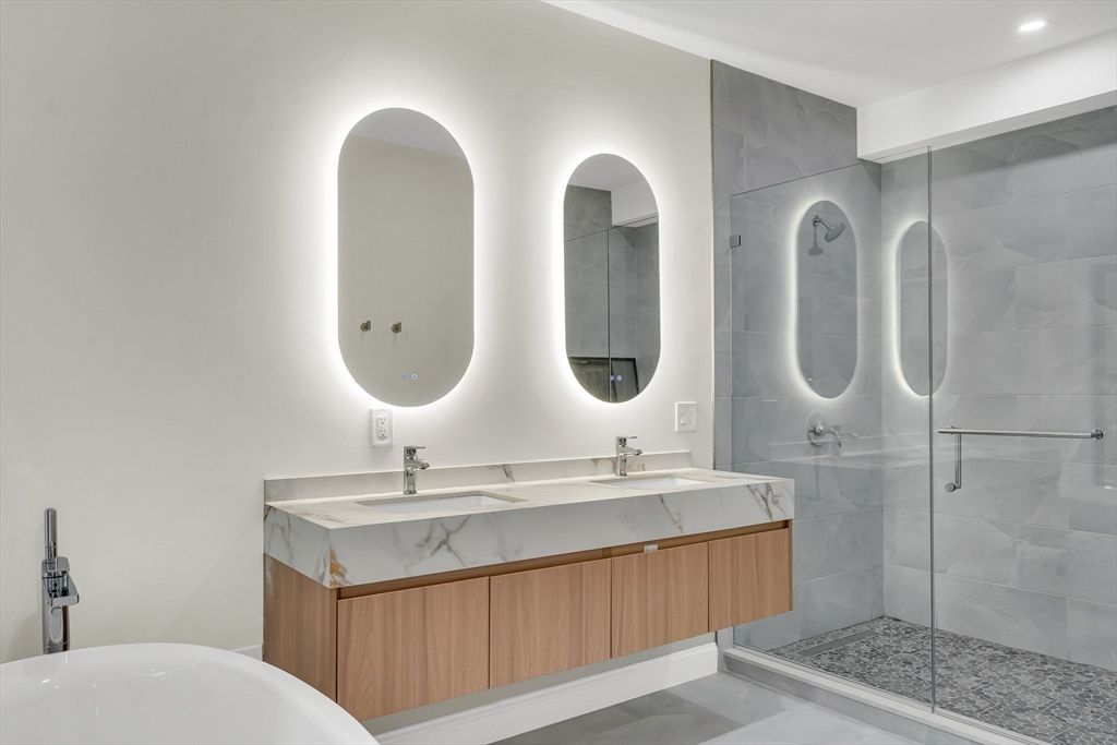 Bathroom, Dual Sink Vanities, Glass Shower, Interior, Recessed Lighting