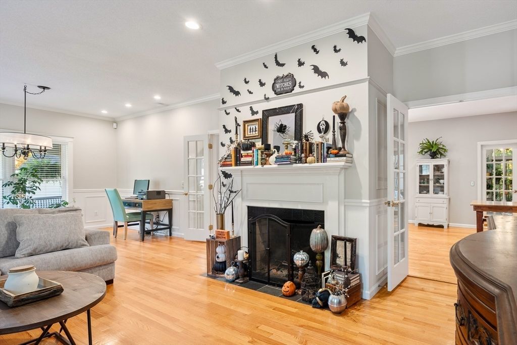 Fireplace, Home Office, Interior, Pendant Lights, Recessed Lighting, Wood Texture Flooring