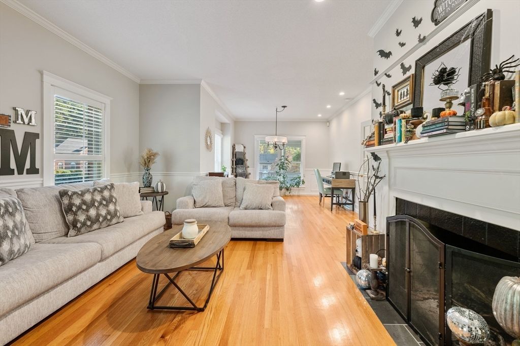 Dining room, Fireplace, Interior, Living room, Pendant Lights, Recessed Lighting, Wood Texture Flooring