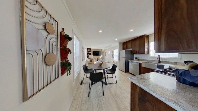 Dining room, Interior, Kitchen, Recessed Lighting, Wood Texture Flooring