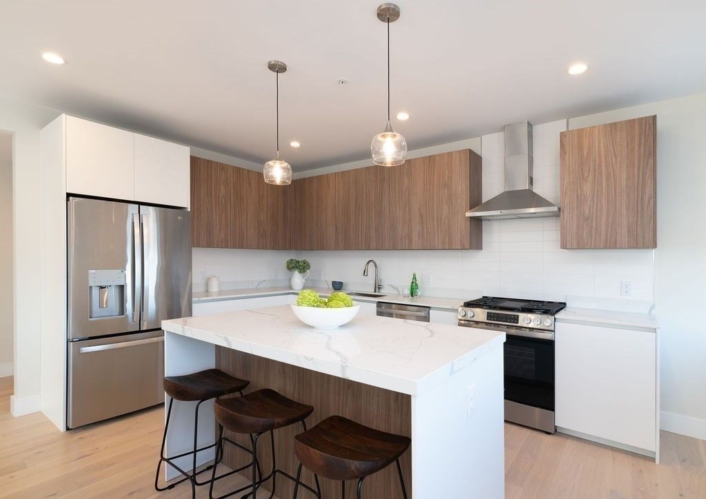 Interior, Kitchen, Pendant Lights, Recessed Lighting, Stainless Steel Appliances, Wood Texture Flooring
