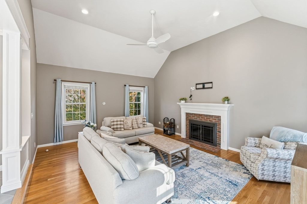 Fireplace, Interior, Living room, Recessed Lighting, Wood Texture Flooring