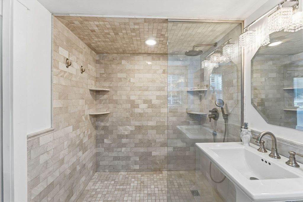 Bathroom, Glass Shower, Interior, Recessed Lighting, Stone Walls