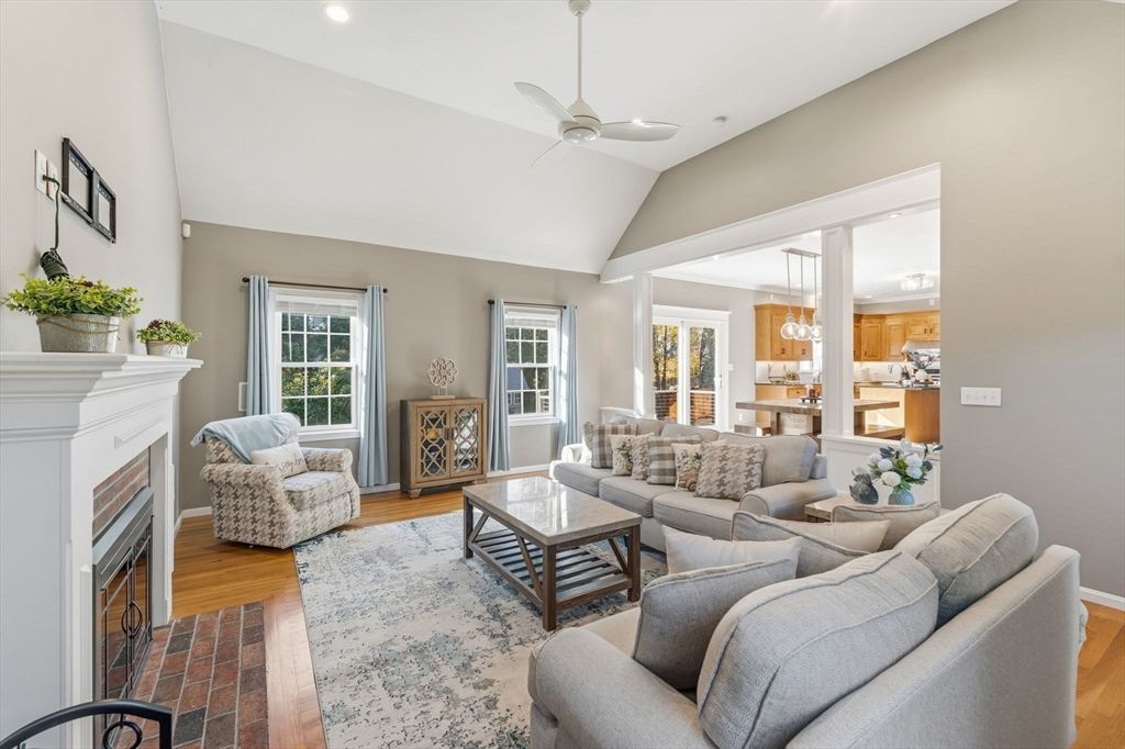 Dining room, Fireplace, Interior, Living room, Recessed Lighting, Wood Texture Flooring