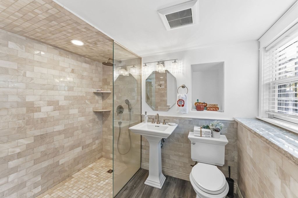 Bathroom, Glass Shower, Interior, Recessed Lighting, Wood Texture Flooring