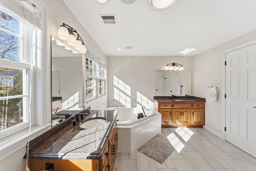 Bathroom, Dual Sink Vanities, Interior, Recessed Lighting, Wood Texture Flooring