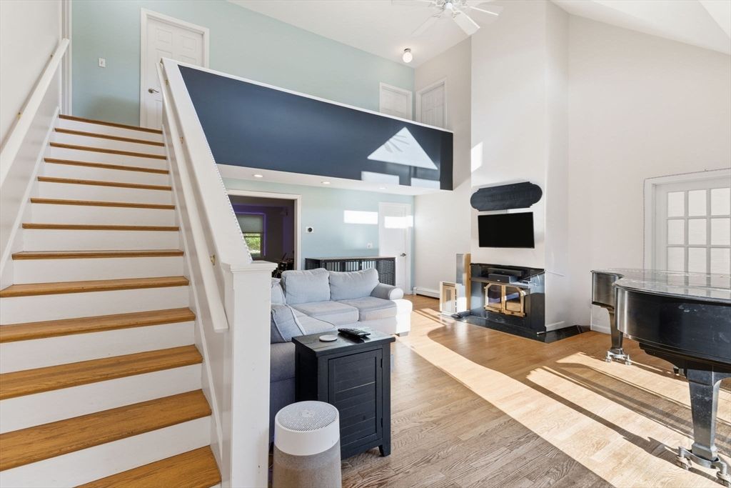 Fireplace, Interior, Living room, Recessed Lighting, Wood Texture Flooring