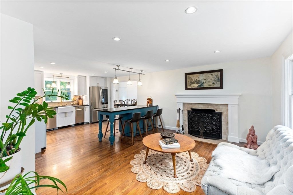 Fireplace, Interior, Kitchen, Living room, Pendant Lights, Recessed Lighting, Stainless Steel Appliances, Wood Texture Flooring