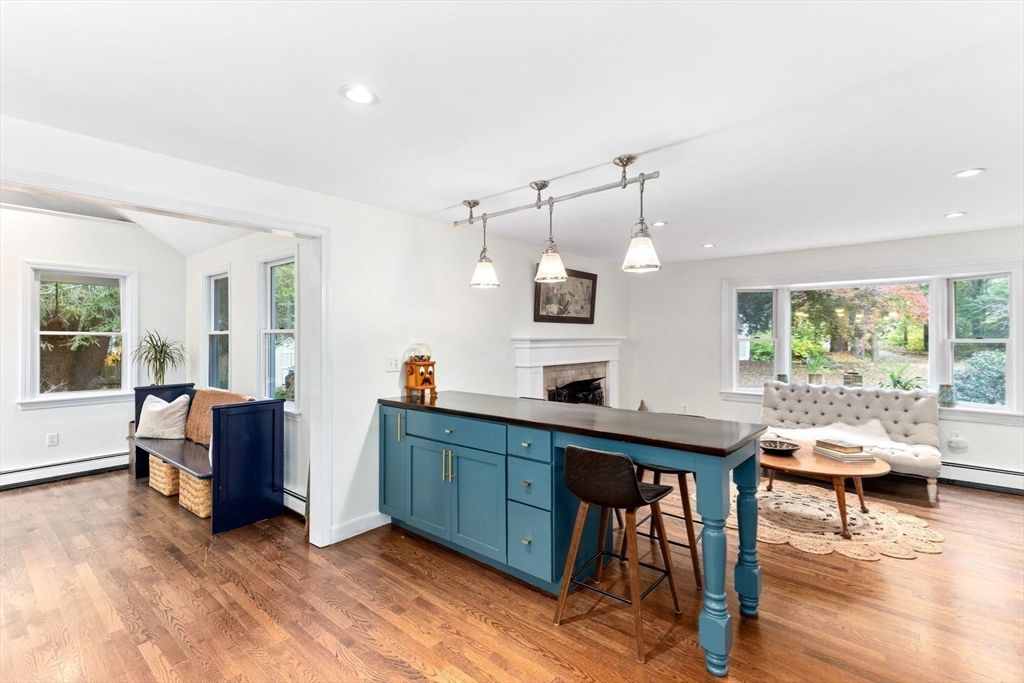 Fireplace, Interior, Pendant Lights, Recessed Lighting, Wood Texture Flooring