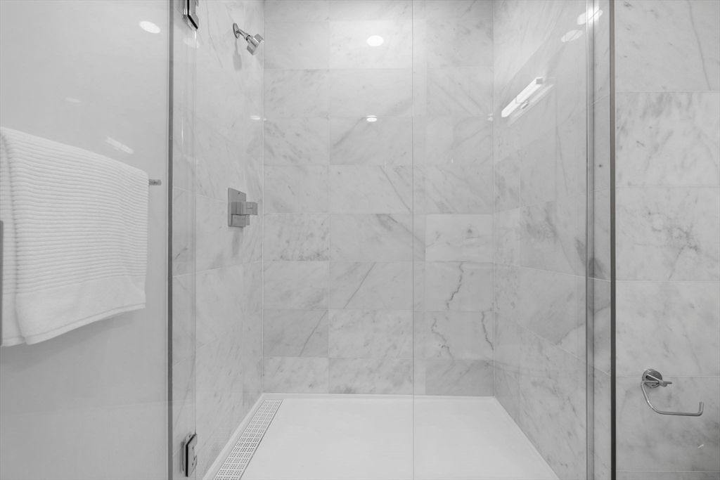 Bathroom, Glass Shower, Interior, Marble Walls, Recessed Lighting