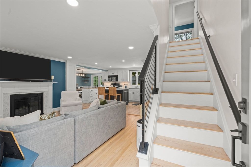 Dining room, Fireplace, Interior, Kitchen, Living room, Pendant Lights, Recessed Lighting, Wood Texture Flooring