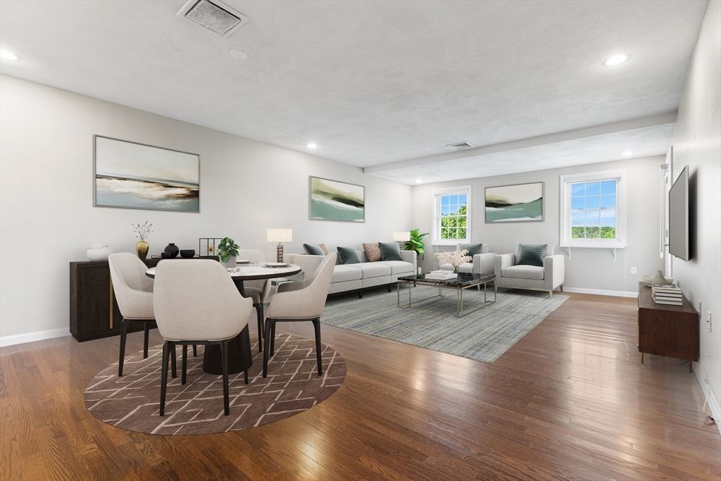 Dining room, Interior, Living room, Recessed Lighting, Wood Texture Flooring