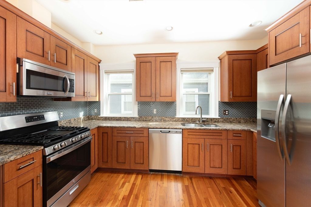 Interior, Kitchen, Recessed Lighting, Stainless Steel Appliances, Wood Texture Flooring