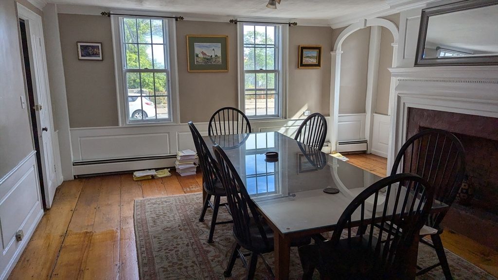Dining room, Fireplace, Interior, Wood Texture Flooring