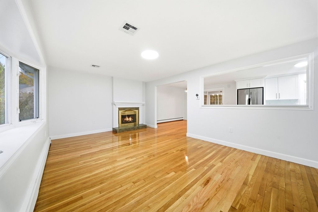 Empty room, Fireplace, Interior, Recessed Lighting, Wood Texture Flooring