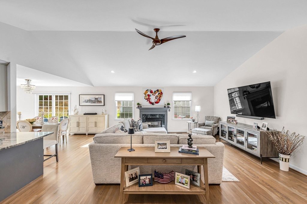 Chandelier, Dining room, Fireplace, Interior, Living room, Recessed Lighting, Wood Texture Flooring