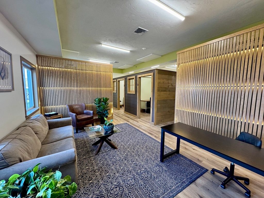 Interior, Living room, Recessed Lighting, Wood Texture Flooring, Wooden Walls