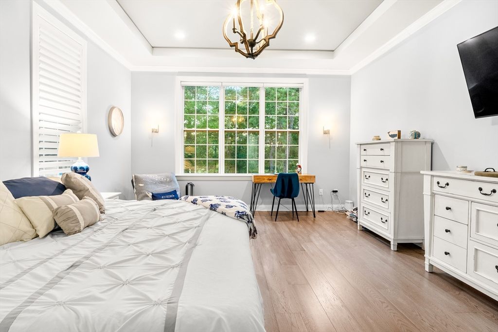 Bedroom, Interior, Pendant Lights, Recessed Lighting, Wood Texture Flooring