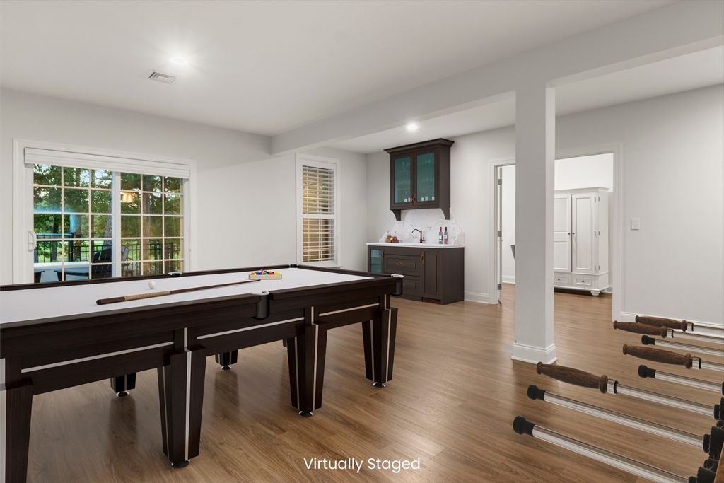 Billiard Table, Game Room, Interior, Recessed Lighting, Wood Texture Flooring